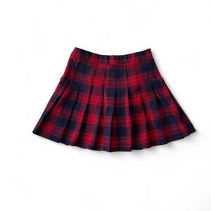 Y2K Red & Blue Plaid Pleated Skirt, Medium